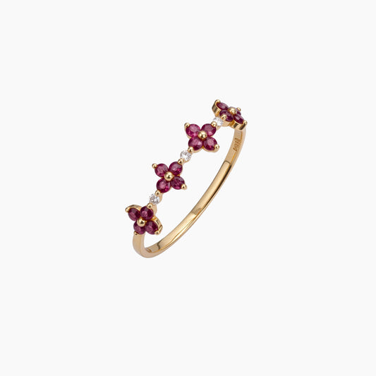 18k Yellow Gold Diamond and Ruby Floral Ring